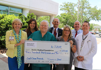 Shown during the check presentation (left to right) are Judy Aliquo, President & CEO, Beebe Medical Foundation; Kerri Wiggins, RN, Beebe Healthcare; Carol Hudson, RN, Beebe Respiratory; Jeffrey Fried, President & CEO, Beebe Healthcare; Bobette Brandt, Bee