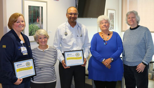 Celebrating Excellent Care with a transformational gift of art in Beebe’s ICU Family Waiting Room are (l-r) Registered Nurse Dawn Snyder, Dinah Reath, Dr. Ajith Kumar, Sally Packard and Brook Hedge. Celebrating Excellent Care with a transformational gift of art in Beebe’s ICU Family Waiting Room are (l-r) Registered Nurse Dawn Snyder, Dinah Reath, Dr. Ajith Kumar, Sally Packard and Brook Hedge.
