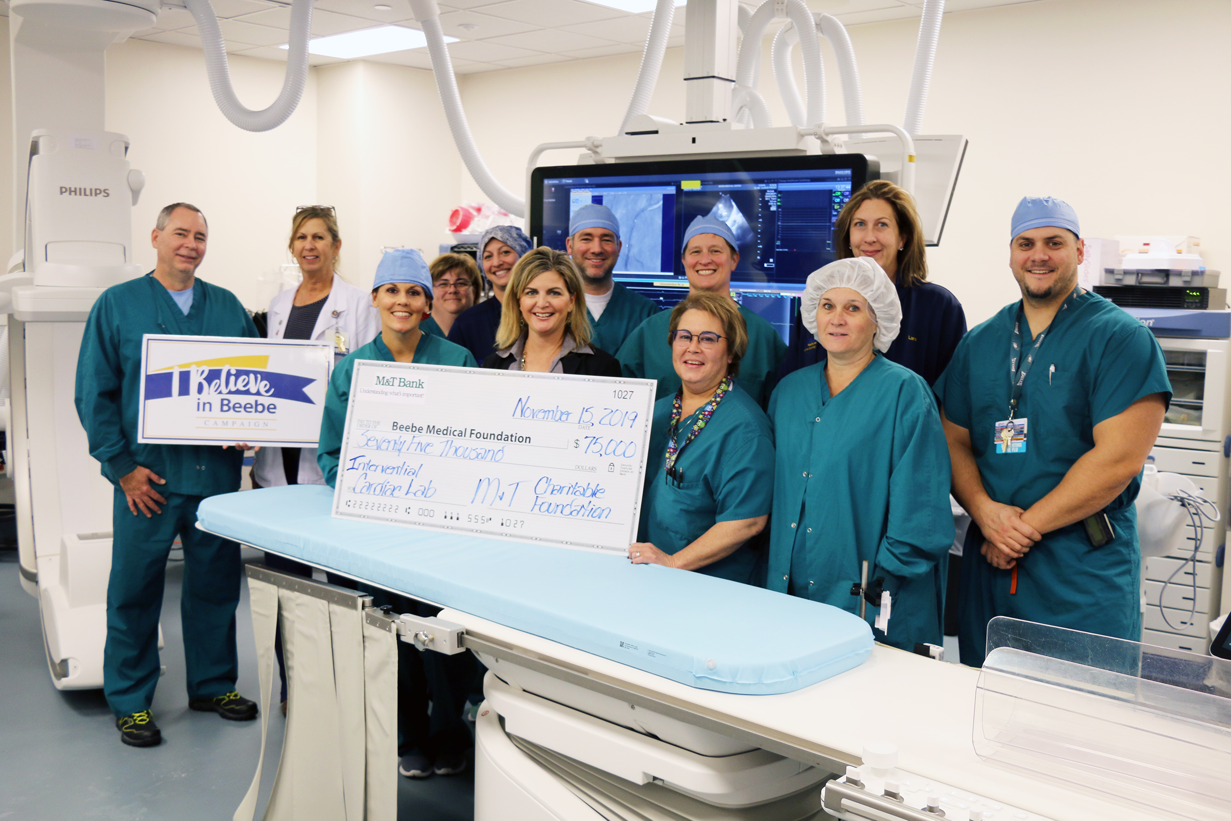 Curt Trapp, RN; Michele Seiler, RN, Manager of Invasive Cardiology; Ravin Davidson, RT; Dana Schwartz, RT; Krista Schoener, RN; Tiffany Guido, Branch Manager, M&T Bank Lewes; Brandon Hogan, RN; Diane Steinbach, RN; Tammy Kelly, RN; Sherry Phillips, RT; La