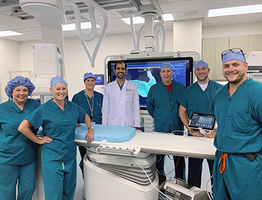 Shown are members of Beebe’s cardiac cath lab and electrophysiology teams following a recent procedure in the new interventional cardiology lab: Amy Bradshaw, RTR-CV; Kelly Devine, RN; Jordana Bumgarner, RTR; Malick Islam, MD; Curt Trapp, RN; Brandon Hoga