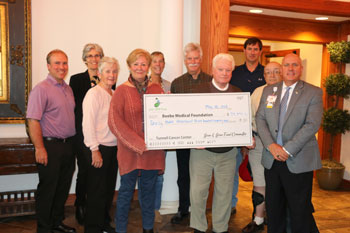 The Jean & Joan golf committee presents Beebe Medical Foundation staff with proceeds from the 2017 tournament. Shown (left to right) are Kevin Wiest, Diane Barlow of Beebe Medical Foundation, Judy Wetzel, Cherrie Rich, Vicki Tull, David Mann, Jim Martin, 