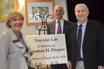 Judy Aliquo Mr Fried and Dr Katz with Plaque: Shown are Judy Aliquo, President & CEO, Beebe Medical Foundation; Jeffrey Fried, President & CEO, Beebe Healthcare; and Dr. Mayer Katz with the plaque that will be displayed at the Vascular Lab.