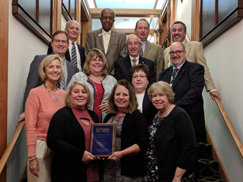 The Obstetrical Hemorrhage Team at Beebe Healthcare won a 2018 Quality and Safety Award. First row (shown left to right): Theresa Crowson, RN; Linda Schultz; Elisabeth Klein, DNP, RNC-OB, RNC-LRN. Second row: Bridget Buckaloo, MSN, Executive Director of W