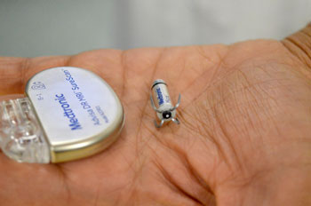 Shown for size - a regular pacemaker at left and the Micra. Shown for size - a regular pacemaker at left and the Micra.