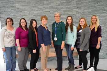 Shown are (left to right) Cara Melendez, Chelsea Lehrer, Rebecca Tillman, Tracy Bell, Program Coordinator at the Margaret H. Rollins School of Nursing, Diane Barlow of Beebe Medical Foundation, Angela Baker, Kelly Staples, and Kylie Powell. 