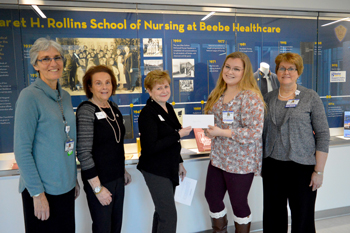 Diane Barlow, Beebe Medical Foundation; Terry Yates, President, Zwaanendael Women’s Club; Sue Olkowski, Vice-President, Zwaanendael Women’s Club; Megan Kelly, recipient; and Tracy Bell, Program Coordinator, Margaret H. Rollins School of Nursing.