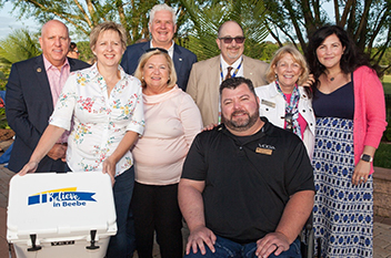 in front are: Monica Banks, Ted Banks, and Kami Banks-Kane. In back are Thomas Protack, Vice President of Development for the Beebe Medical Foundation; Terry and Vanessa Megee, Co-Chairs of “I Believe in Beebe” campaign; Rick Schaffner, RN, Interim CEO, E