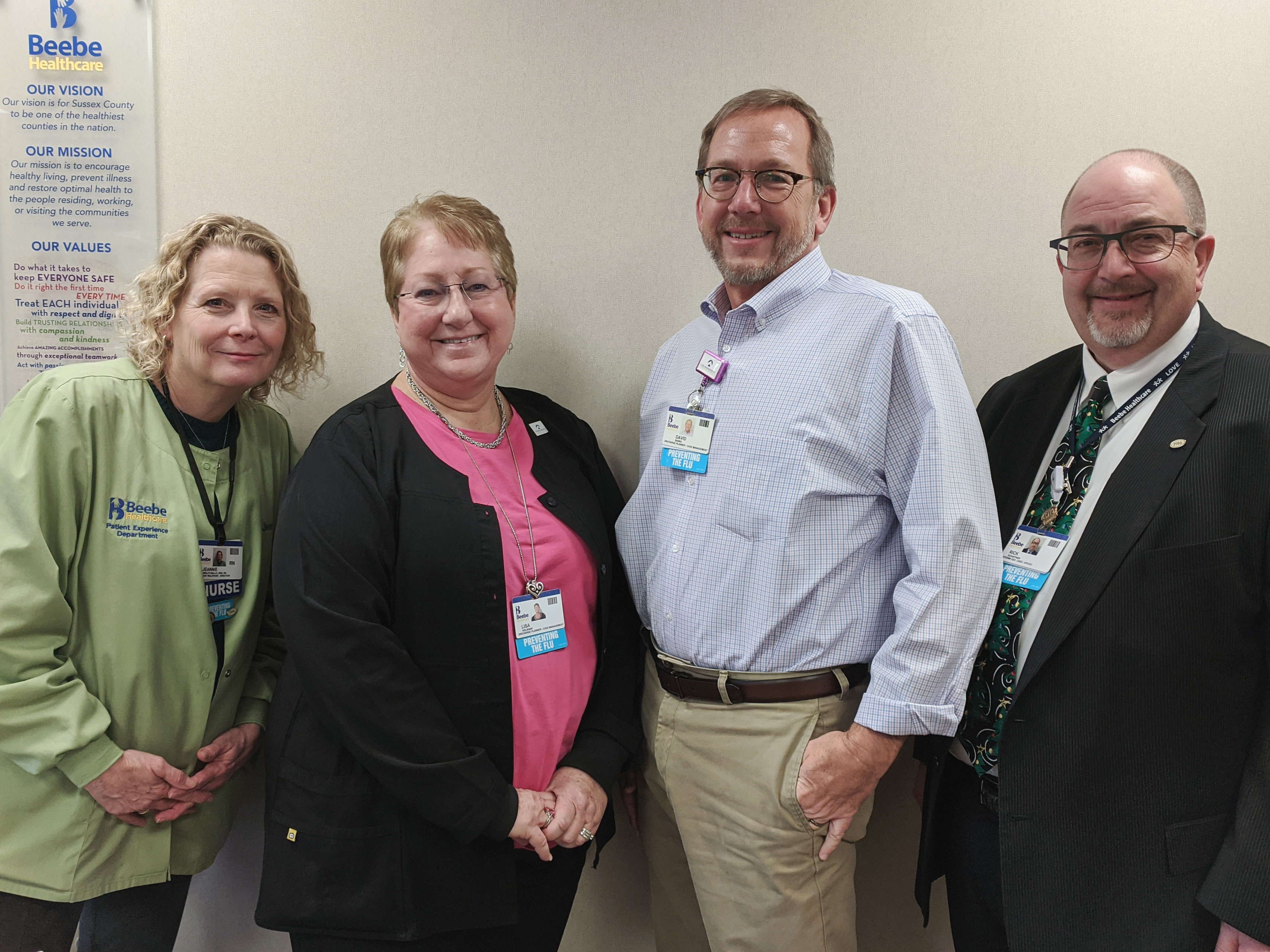 David Banks (second from right), Discharge Planner at Beebe Healthcare, is the recipient of Beebe’s December L.O.V.E. Letter. Also pictured from left to right are Jeannie Wallo, Director of Patient Experience, Lisa Kelshaw, Discharge Planners, and Rick Sc