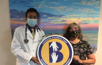 Judy Wells, right, celebrates the compassionate care her late husband Arnold received from medical oncologist Nisarg Desai, MD, at Tunnell Cancer Center.