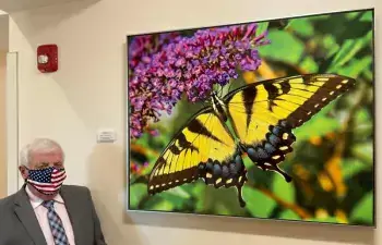Ken Smith stands by the art he sponsored at Beebe’s new South Coastal Cancer Center in memory of his wife. The plaque reads “Yellow Swallowtail by Ron Bojarski Sponsored by Kenneth P. Smith in Memory of Denise Michele Smith, Loving Wife and Mother.”