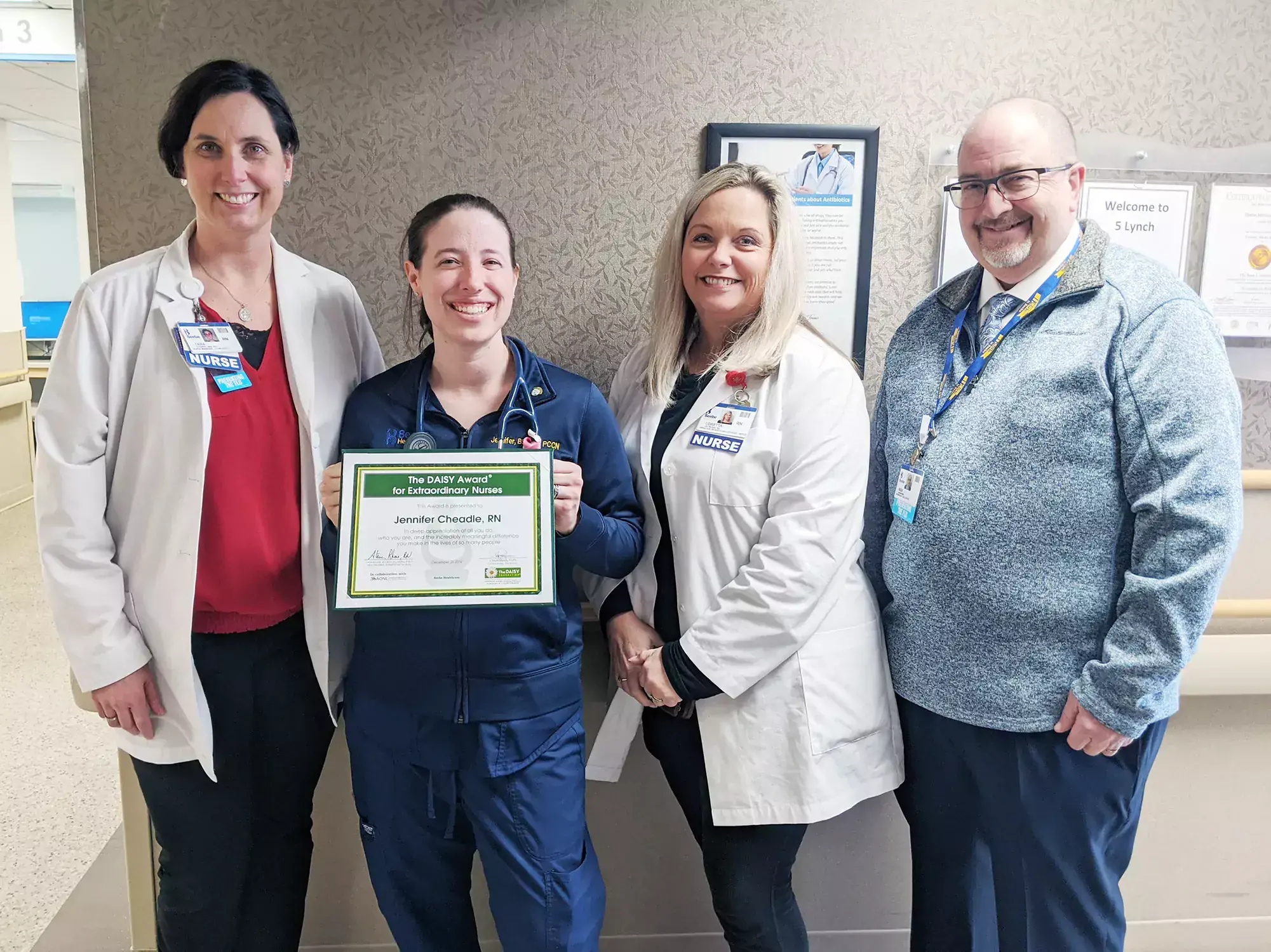 Daisy Award Group Photo_Print.jpg Jennifer Cheadle (second from left), a nurse on the Clinical Decision Unit at Beebe Healthcare, is the recipient of this quarter’s DAISY Award