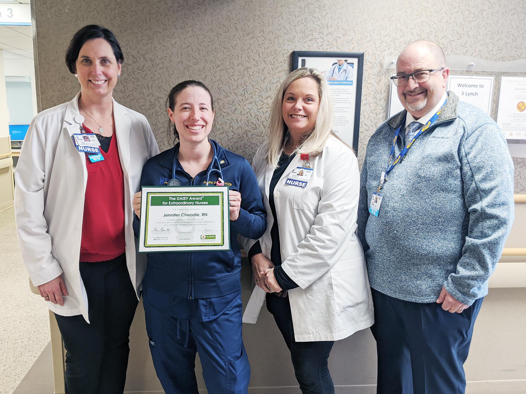Jennifer Cheadle (second from left), a nurse on the Clinical Decision Unit at Beebe Healthcare, is the recipient of this quarter’s DAISY Award