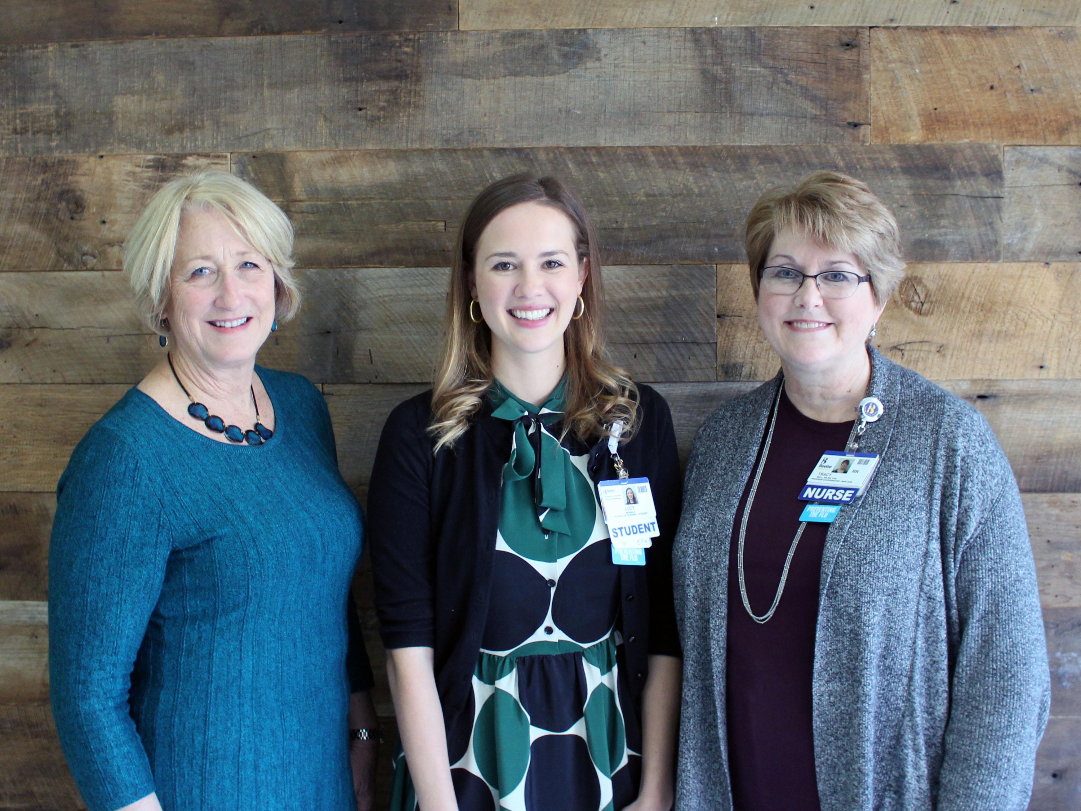 Meg Collins, a daughter of Dr. Peirce, Lucy Monigle of Lewes, Tracy Bell, School of Nursing Program Coordinator.