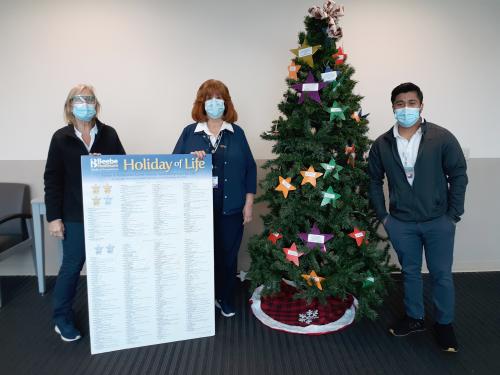 Beebe Guest Relations Attendants (L to R) Lisa Hunt, Carol Tucci, and Elian Robledo enjoyed the Holiday of Life tree displayed throughout the holiday season at the West Entrance of the Margaret H. Rollins Lewes Campus.