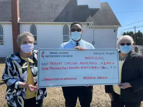 Miracle Angels donation.jpg Executive Director of Beebe Healthcare’s Oncology Services Maurice Winkfield receives the check from Miracle Angel members, Betty Streett and Sandra Neal.