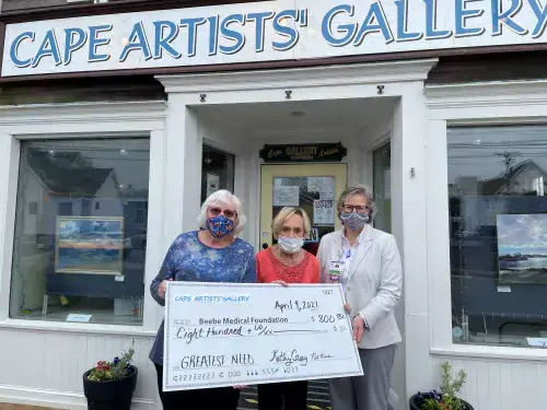 Cape Artists' Gallery donation.jpg Cape Artist Gallery Chair Kathy Casey and Cape Artist Group President Pat Riordan present their gift to Beebe Medical Foundation Executive Director of Development, Kay Young.
