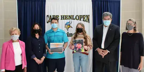 From left to right, Eileen Jones, art committee, Nikki Miller, Cape High principal, Brogan Conley, Chloe Sylvester, Mark Loukides, VP of Facilities, Beebe Healthcare, Maryanne Murray, art committee.