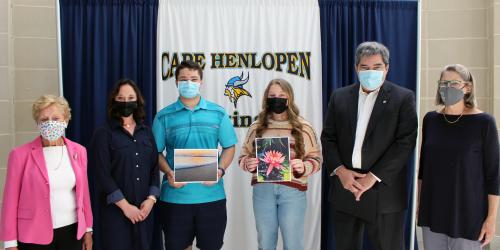 From left to right, Eileen Jones, art committee, Nikki Miller, Cape High principal, Brogan Conley, Chloe Sylvester, Mark Loukides, VP of Facilities, Beebe Healthcare, Maryanne Murray, art committee.