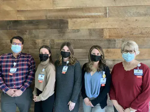 From left to right, Kevin Bristowe, MD, Amaya Wright from Milford, Taylor Bowman from Milford, Josephine Melson from Milton, and Tracy Bell, Program Coordinator, School of Nursing.