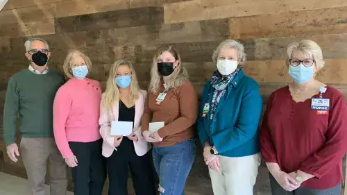 Pierce Scholarship.jpg From left to right, Carl Pierce and Meg Collins, son and daughter of Dr. Pierce, Taylor Hatfield, a senior student from Georgetown, and Alexis Stringer, a senior student from Dover, Kay Young, Director of Development, Beebe Medical Foundation, and Tracy Bell, Program Coordinator, School of Nursing.
