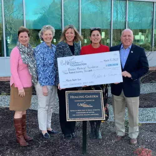 freeman insta crop.jpg From left to right: Kim Blanch, RN, Director of Community Outreach, Beebe Healthcare; Kay Young, Executive Director of Development, Beebe Medical Foundation; Patti Grimes, Executive Director for Carl M. Freeman Foundation; Michelle Freeman, Chairman & President of Carl M. Freeman Foundation; and Tom Protack, President, Beebe Medical Foundation; stand together in the Healing Garden of the South Coastal Health Campus.