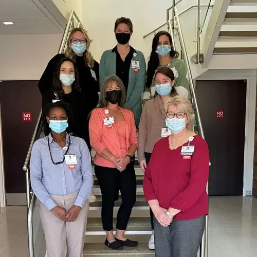 Back row: Hayley McCabe, Kayleigh Synnestvedt, and Emily Joynt. Middle row: Elyssia Gonzalez, Michelle Littleton, and Abigail Derrickson. Front row: Vicky Murat, and Tracy Bell, Program Coordinator.