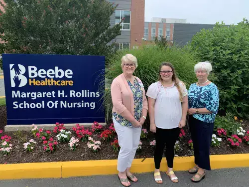 Makayla Hosler.JPG Pictured from left to right: Tracy Bell, Program Coordinator, Margaret H. Rollins School of Nursing at Beebe Healthcare, Makayla Hosler, scholarship recipient, and Karen Lucas, Director, Lord Baltimore Lions Club.
