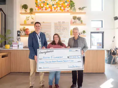 Dewey Donation.jpg Sean Flanigan, Beebe Medical Foundation Gift Officer; Krissy McCluskey, Harbeson Campus Director for Dewey Beer Co.; Kay Young, Executive Director of Development, Beebe Medical Foundation.