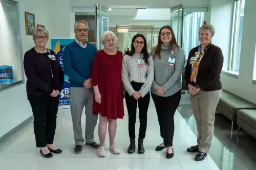 dr_pierce_scholarship_son_20feb23_v1.jpg From left to right, Tracy Bell, School of Nursing Program Coordinator, Carl Pierce, Jr., son, Meredith Cox, daughter, Lillian Lima Santana, Kirsten Taylor, and Kay Young, Beebe Medical Foundation.