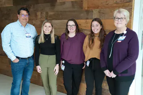 medical_staff_scholarship_son_20feb23_v1.jpg From left to right, Dr. Kevin Bristowe, Medical Staff Treasurer, Ava Moroz, Makayla Hosler, Abigail Derrickson, and Tracy Bell, School of Nursing Program Coordinator.