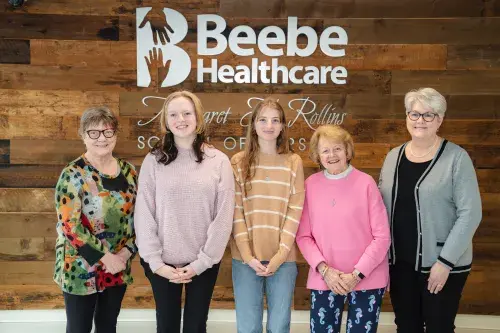 Photo of VIA / Mildred Gray Scholarship recipients and leaders, from left to right: Marti Badila, VIA President; Riley Osborne and Mya Dellinger, scholarship recipients; Carole Suchanek, Beebe School of Nursing Alumni Ambassador for VIA; Tracy Bell.