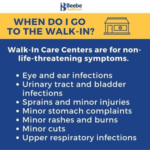 when do I go to the walk in? Walk in care centers are for non-life threatening symptoms. Eye and ear infections, Sports physicals, Urinary tract and bladder infections, Sprains and minor injuries, Minor gastrointestinal complaints, Skin problems such as minor rashes and burns
•	Minor cuts and simple lacerations (stitches must be placed in less than 24 hours)
•	Limited medication refills
•	Upper respiratory symptoms
