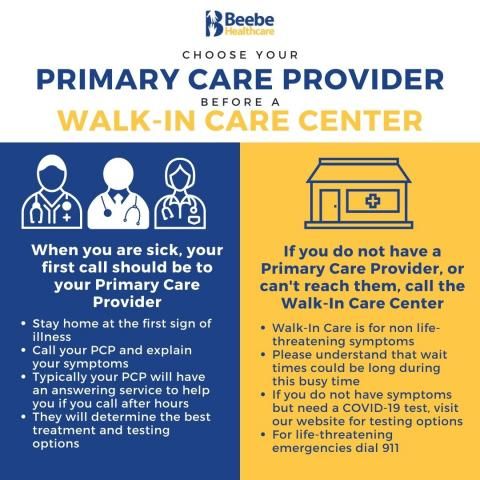 Choose your primary care provider before a walk in care center. When you are sick, your first call should be to your primary care provider. If you do not have a primary care provider or can't reach them, call the walk-in care center