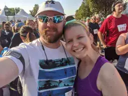 Content image: Ale with husband, Davey, after finishing the Dogfish Dash 5K. Image file: Ale with husband, Davey, after finishing the Dogfish Dash 5K.