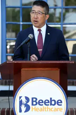 Tam Press Conference 2.jpg Dr. David Tam introducing Beebe's new strategic plan
