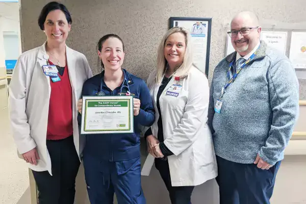 Jennifer Cheadle (second from left), a nurse on the Clinical Decision Unit at Beebe Healthcare, is the recipient of this quarter’s DAISY Award