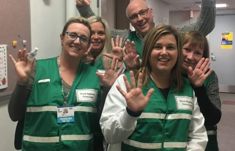 Hand hygiene is key to preventing infections and maintaining patient safety. From left to right: Marcy Jack, Vice President, Chief Quality & Safety Officer; Loretta Ostroski, Director, Patient Care Services; Dr. Jeffrey Hawtof, Vice President, Chief Medical Operations & Informatics Officer; Kerri Wiggins, Nurse Manager, Stepdown; and Carol Martin, Director, Quality Commitment.